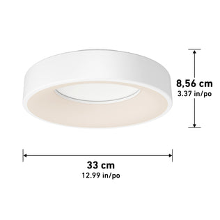 The Artika Aiden LED flush mount is a round, white ceiling light measuring 8.56 cm (3.37 in) high and 33 cm (12.99 in) wide.