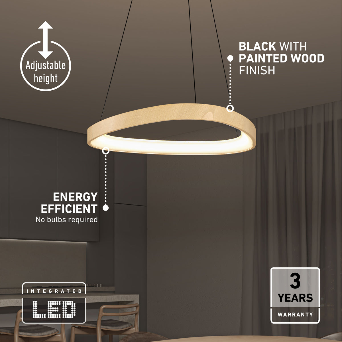 Modern pendant light with a black and painted wood finish, shown hanging above a dining area. Features include adjustable height, integrated LED (no bulbs required), and a 3-year warranty.