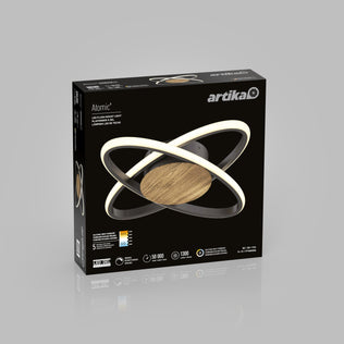 Artika Atomic 15in LED flush mount ceiling light, modern ring design, 5 CCT adjustable, wood finish.