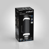 A black retail box for the Artika Stark LED outdoor wall light. The box shows an image of the cylindrical light fixture, product details, and features such as LED lighting and Smart WiFi compatibility.