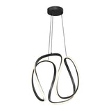 A modern pendant light fixture with an abstract, looping black metal frame featuring integrated LED lights along the inner edges, suspended by two thin cables from a round black ceiling mount.