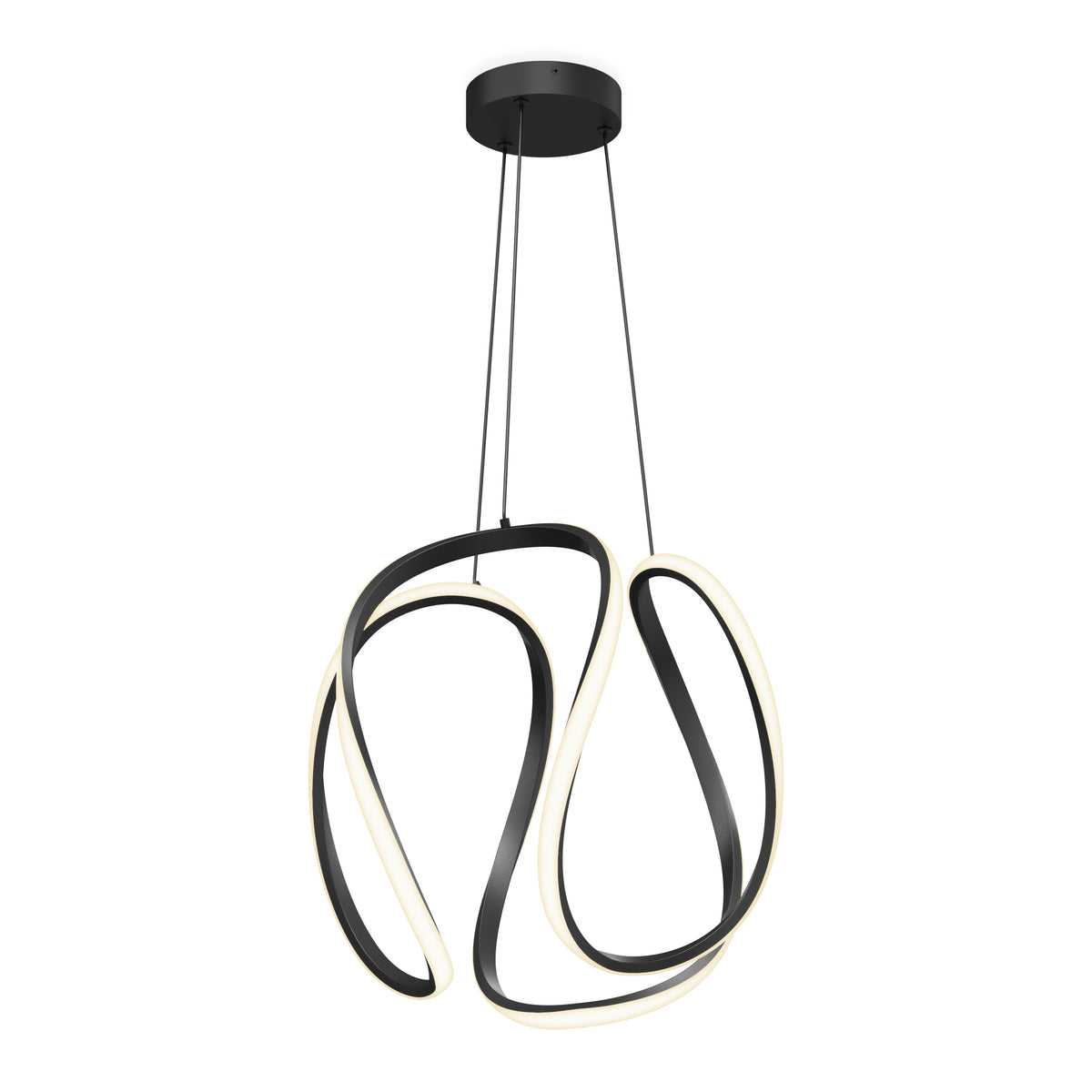 The Artika Vivaldi Big LED pendant light features a looping, abstract design with black and white LED strips, suspended from the ceiling by three thin black cords and a round black canopy.