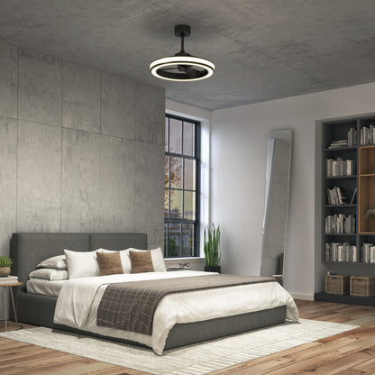 A modern bedroom with a large bed, gray upholstered headboard, neutral bedding, a tall mirror, bookshelf, potted plant, and a circular ceiling light fixture, featuring a large window with natural light.