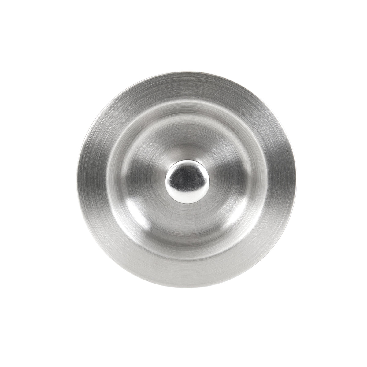 A round, silver metal lid with a central knob, viewed from above against a white background. The lid has a brushed, polished finish and concentric circular grooves.
