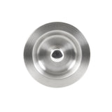 A round, silver metal lid with a central knob, viewed from above against a white background. The lid has a brushed, polished finish and concentric circular grooves.