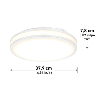 Artika Hemisphere 15″ LED Flush Mount, 5 CCT, white, 38x7.8cm; brightness adjustable; diagram with labeled arrows shown.