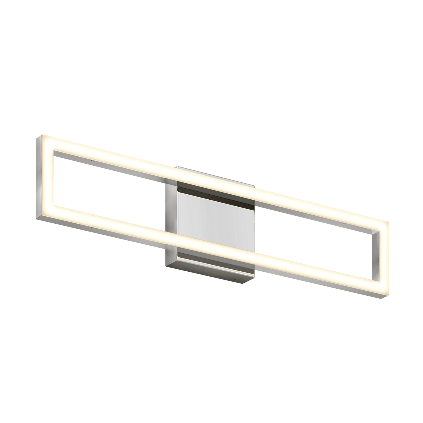 The Artika-CAN-dev Dover modern LED bathroom vanity light 5 CCT is a wall-mounted fixture with a polished metal rectangular open frame, casting a soft white glow around the frame.