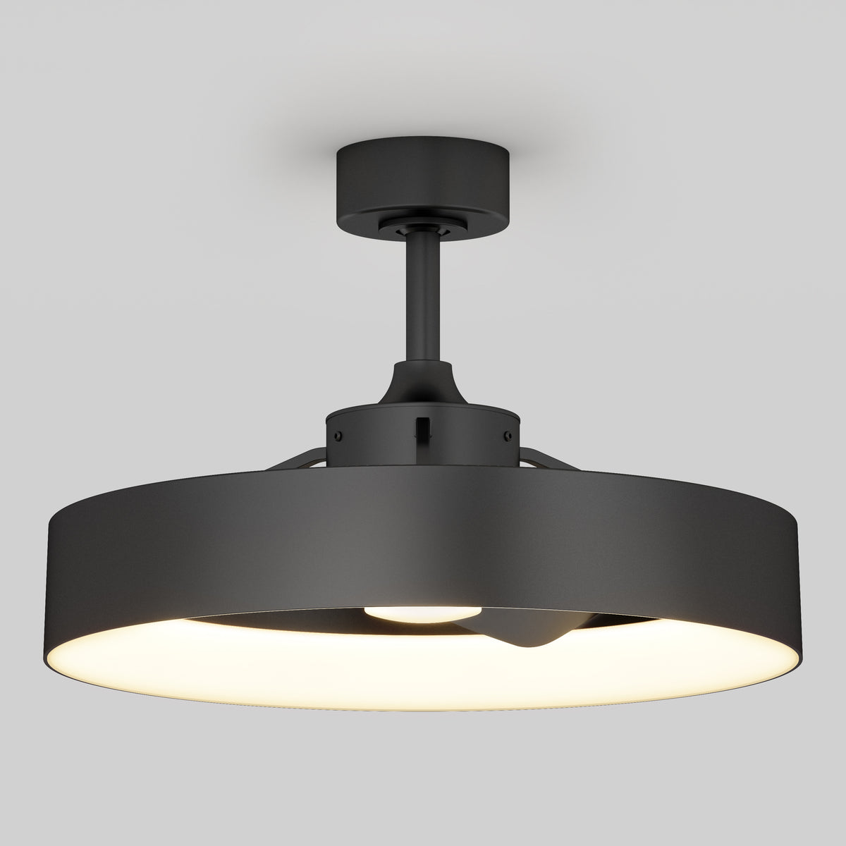 The Artika Austin 23 in. LED modern ceiling fan features a circular black metal frame, a wide flat diffuser for soft, warm light, and comes with a remote—shown mounted on a short stem against a plain light gray background.