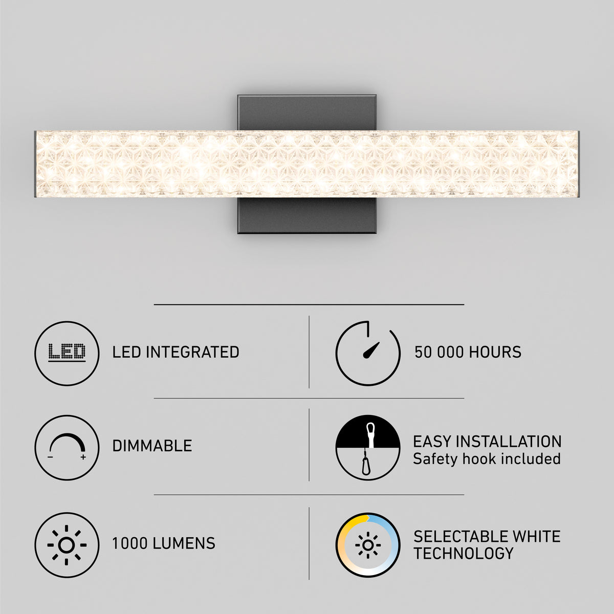 A rectangular, wall-mounted LED light above icons and text highlighting features: LED integrated, 50,000 hours lifespan, dimmable, easy installation, 1000 lumens, and selectable white technology.