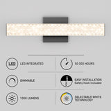 A rectangular, wall-mounted LED light above icons and text highlighting features: LED integrated, 50,000 hours lifespan, dimmable, easy installation, 1000 lumens, and selectable white technology.