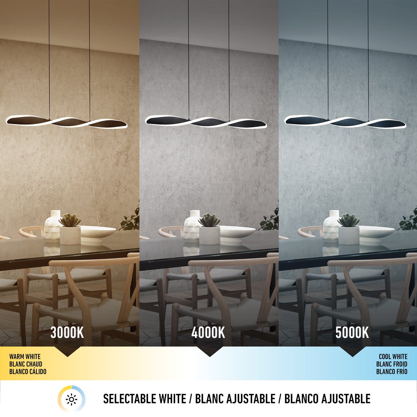 The Finley Linear LED pendant light 3 CCT by Artika displays a dining room under warm white (3000K), neutral white (4000K), and cool white (5000K) settings, showing how adjustable lighting transforms the room’s look.