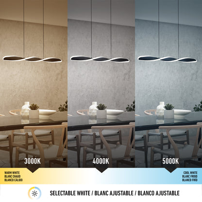 The Finley Linear LED pendant light 3 CCT by Artika displays a dining room under warm white (3000K), neutral white (4000K), and cool white (5000K) settings, showing how adjustable lighting transforms the room’s look.