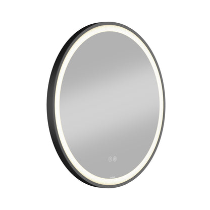 Artika Mateo 28 in. LED mirror, black frame, 3 CCT, built-in defogger, round shape; shown on white background.