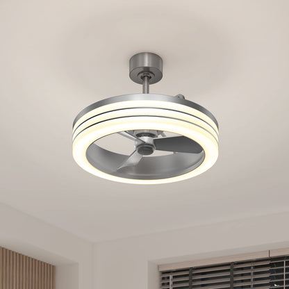 The Artika Horizon 23 in. LED modern ceiling fan with 3 speeds and a remote features silver blades and a circular LED light, mounted on a white ceiling above a window with partially opened blinds.