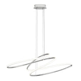 Modern pendant light fixture with two intertwined, oval-shaped LED rings suspended from a round ceiling mount by thin cables. The rings are metallic with glowing white edges.