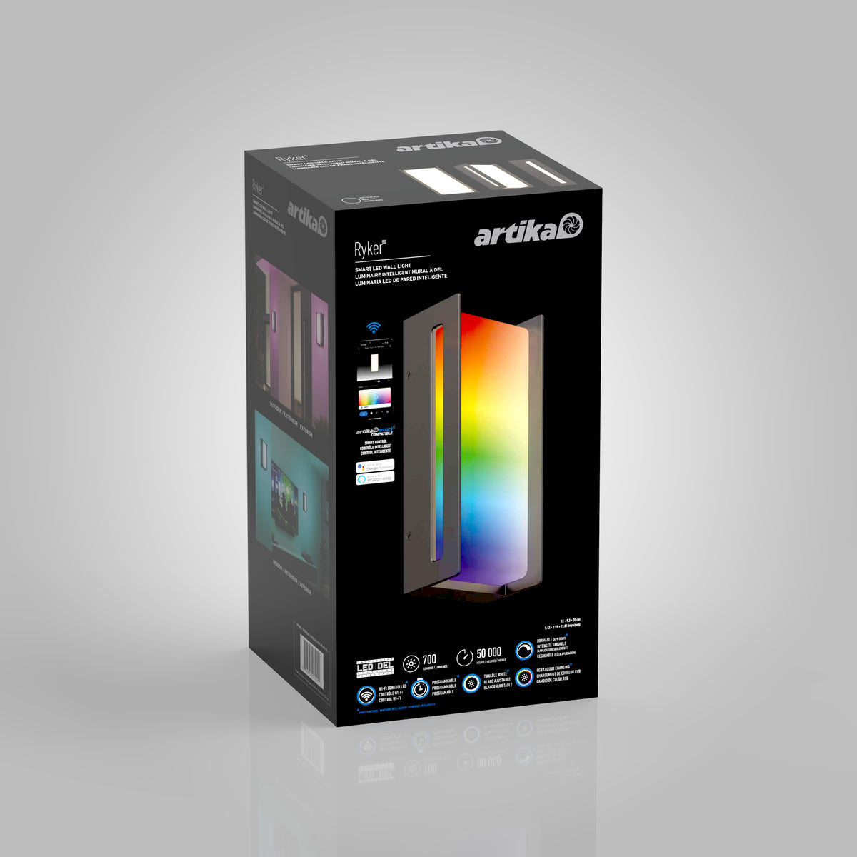 A black box with Artika branding displays a colorful LED light panel called Ryker. The front shows the illuminated product, while the sides feature usage examples, features, and product specifications.