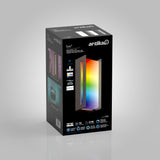 A black box with Artika branding displays a colorful LED light panel called Ryker. The front shows the illuminated product, while the sides feature usage examples, features, and product specifications.
