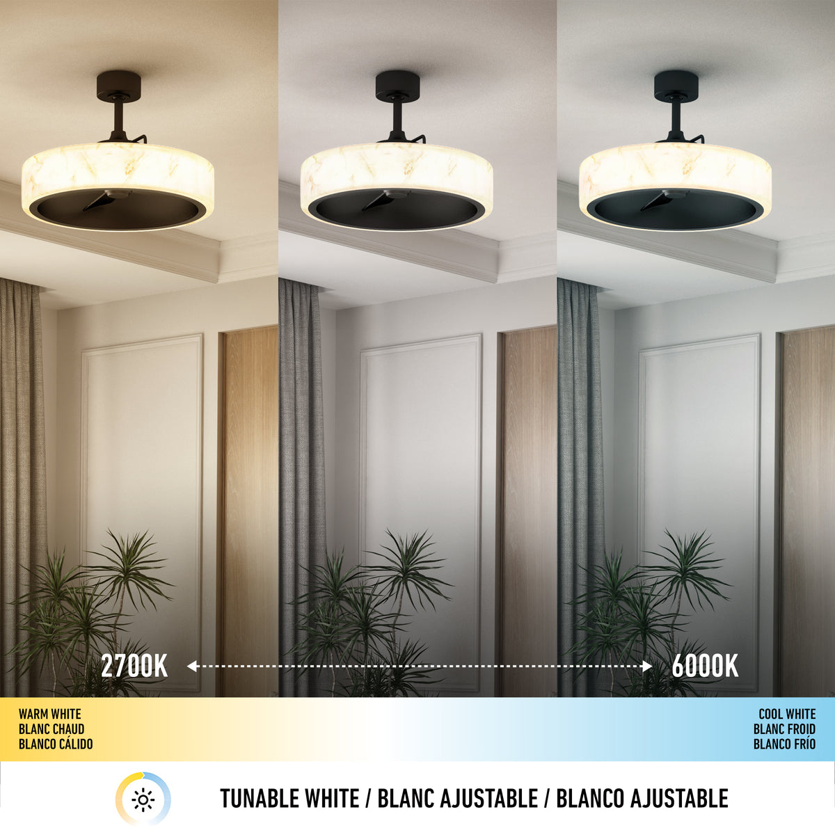 A ceiling light is shown in three settings: warm white (2700K), neutral, and cool white (6000K), illustrating its tunable white feature. The room below has plants and wood paneling, with changing light temperatures.