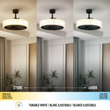 A ceiling light is shown in three settings: warm white (2700K), neutral, and cool white (6000K), illustrating its tunable white feature. The room below has plants and wood paneling, with changing light temperatures.