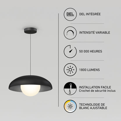 Black Boden LED modern mid-century pendant light 3 CCT featuring a globe bulb, integrated dimmable LED, 50,000-hour life, 1800 lumens, and 3 CCT.