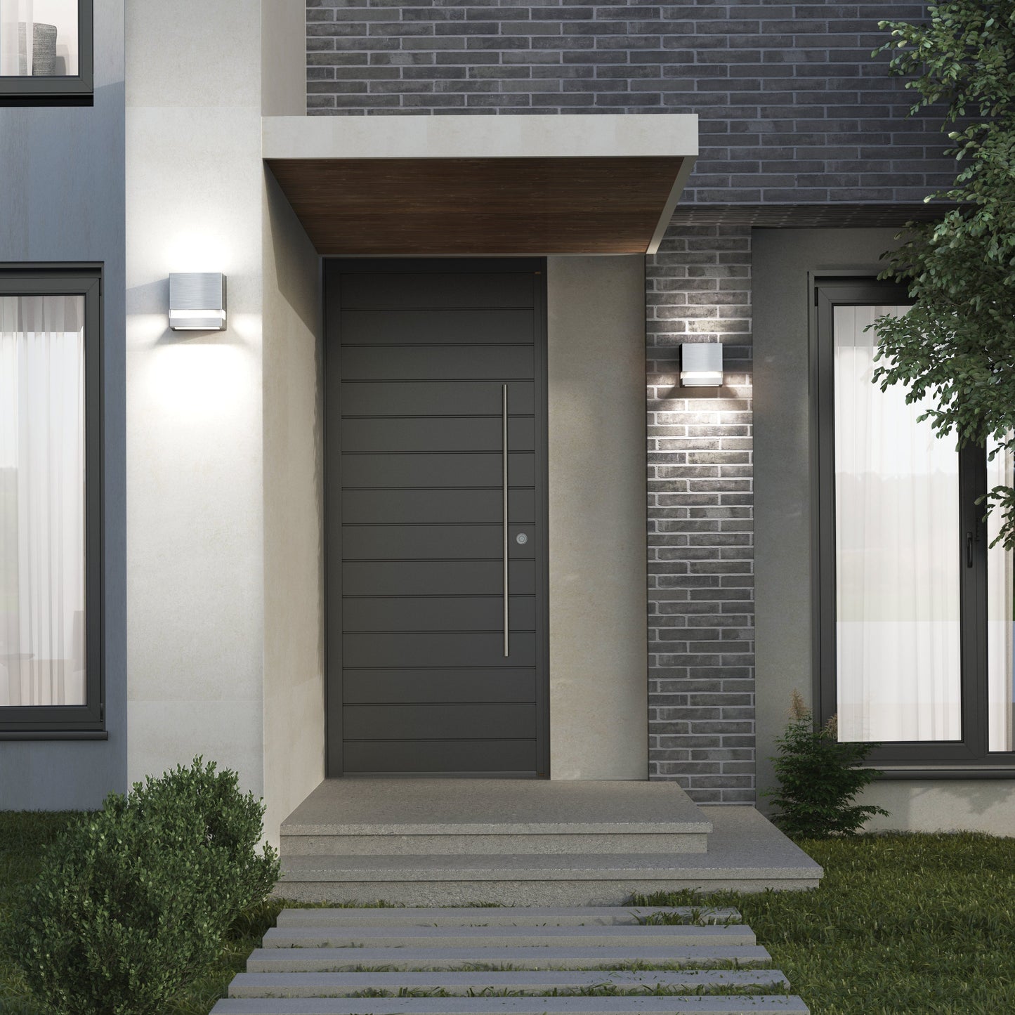 Modern house entrance featuring the Valor Square LED indoor/outdoor wall light by Artika-CAN-dev, a dark front door, brick and concrete walls, a large curtained window, and a small garden with shrubs and grass along a stone path.
