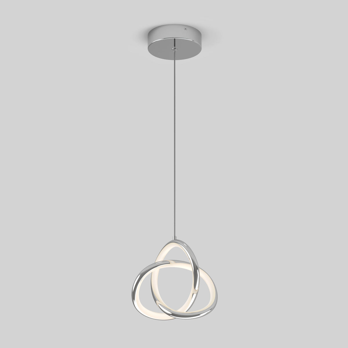 The Artika Zephyr LED pendant features three interlocking metallic rings suspended from a round ceiling mount, shown against a plain light gray background.