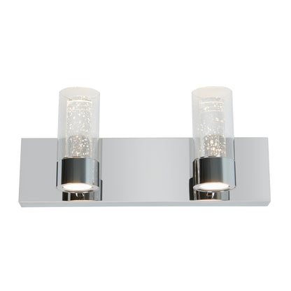 The Artika Ratio 2-light LED bathroom vanity light features a modern rectangular chrome base with two cylindrical lights, each encased in clear outer casing and accented by sparkling inner details.