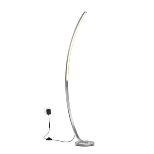 The Artika Arc LED Floor Lamp features a modern curved silver design, integrated LED light strip, round base, and black cord with adapter for wall plug-in. This stylish lamp adds elegance to any space.