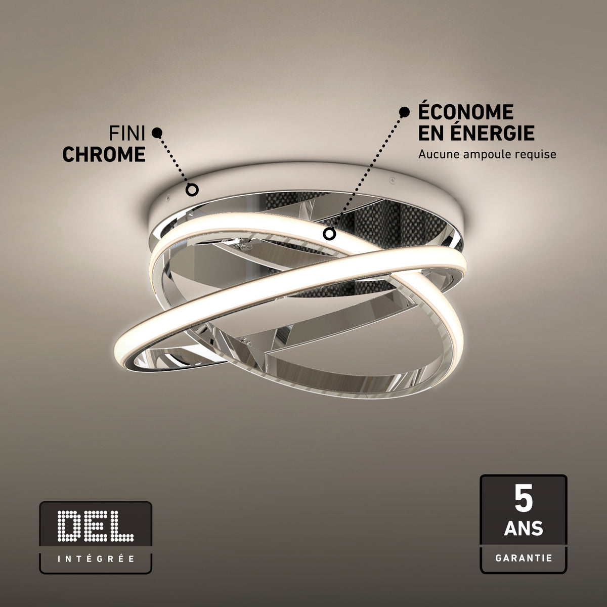 Artika Orbia 14 in. LED flush mount, modern chrome, 3 CCT, energy-saving, 5-year warranty, French label.