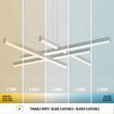 Modern pendant light fixture shown under five different color temperatures, ranging from warm white (2700K) on the left to cool white (5000K) on the right, with each section labeled accordingly.