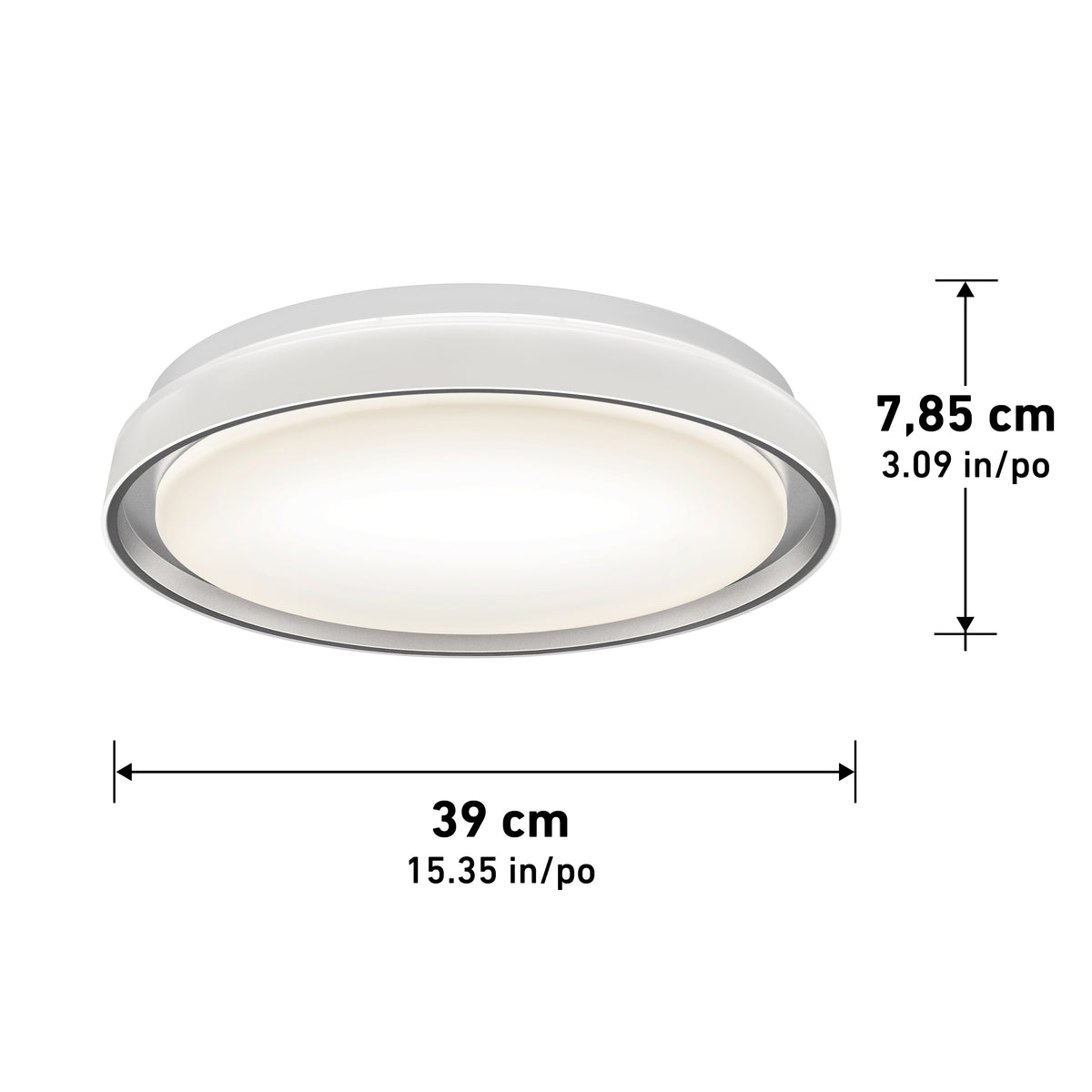 White circular ceiling light fixture with dimensions labeled: 7.85 cm (3.09 inches) in height and 39 cm (15.35 inches) in diameter. The light is illuminated and shown against a white background.