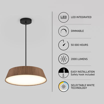 On the left: the Artika Dunham LED Pendant 5 CCT with a wooden shade and black stem. On the right, icons highlight its features: integrated LED, dimmable, 50,000-hour lifespan, 2000 lumens, easy installation, and selectable white technology.