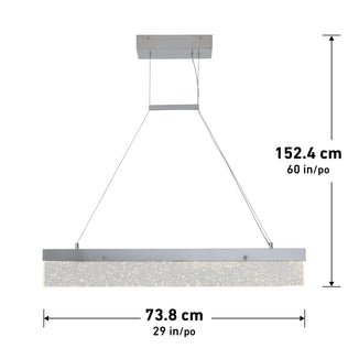 The Artika Essence Bar LED pendant light features a modern rectangular design with a textured illuminated bar suspended from two thin wires and a rectangular ceiling mount. Dimensions: 73.8 cm W x 152.4 cm H (available in inches).