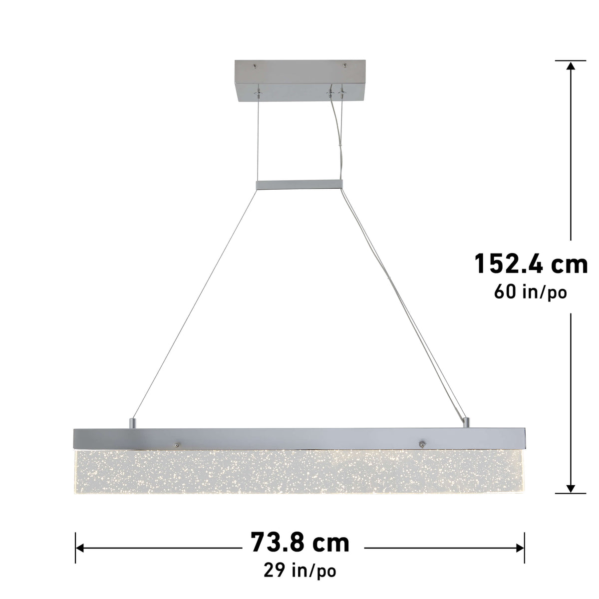 Rectangular modern pendant light fixture with a frosted crystal-like bottom, suspended by two thin wires from a square ceiling mount. Measures 152.4 cm tall and 73.8 cm wide.
