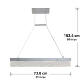 Rectangular modern pendant light fixture with a frosted crystal-like bottom, suspended by two thin wires from a square ceiling mount. Measures 152.4 cm tall and 73.8 cm wide.