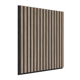 The Artika Sonolok 15.5 ft sound-absorbing wall panel kit features rectangular panels with vertical alternating light wood and black slats, displayed at an angle on a white background.