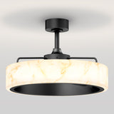 A modern ceiling light fixture with a round, marble-patterned shade and black metal accents, mounted close to the ceiling and softly illuminating the surrounding area.