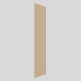 A tall, narrow wooden slat panel stands vertically against a plain light gray background, with evenly spaced vertical slats creating a modern, minimalist design.
