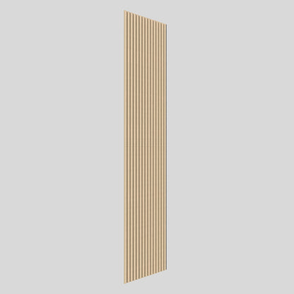 A tall, narrow wooden slat panel stands vertically against a plain light gray background, with evenly spaced vertical slats creating a modern, minimalist design.