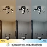 A modern, black, twist-shaped ceiling light is shown in three lighting modes: warm white (3000K), neutral white (4000K), and cool white (5000K), each illuminating the same bathroom scene differently.