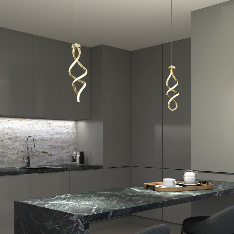 A modern kitchen with dark gray cabinets, marble countertops, and a matching backsplash features two Artika Mini Swirl LED pendant lights above the island, which is set with a wooden tray, teapot, and cups.