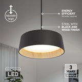 A modern black pendant light with a wood finish hangs in a room, featuring adjustable height, energy-efficient integrated LED, no bulbs required, and a 3-year warranty. Text highlights steel with black and wood finish.