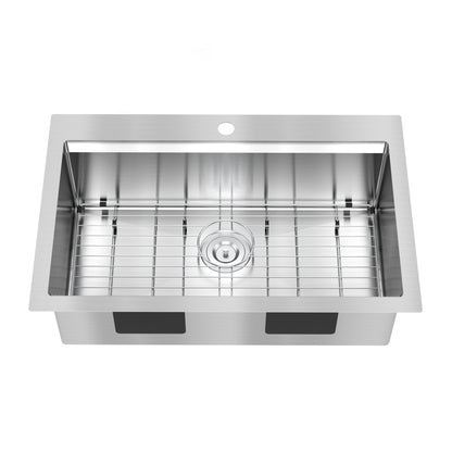 The Artika Newport single bowl 31 in. stainless steel workstation sink features a central drain, rear single faucet hole, and protective bottom grid, as seen from above.