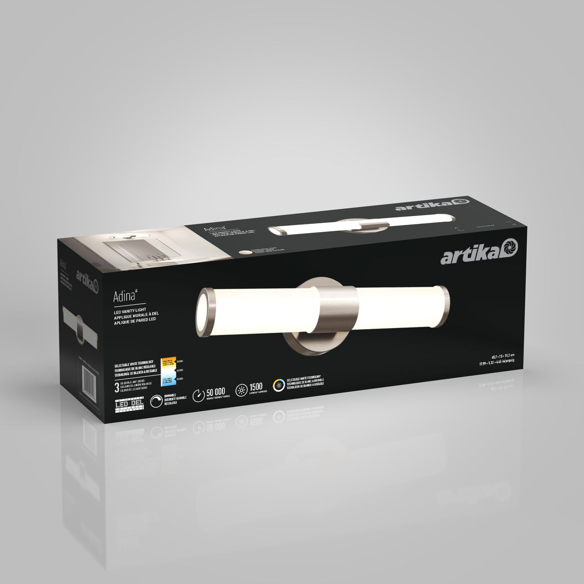 A black rectangular box featuring the Artika Adina LED vanity light, with product image, brand logo, and specifications displayed on the packaging against a light gray background.