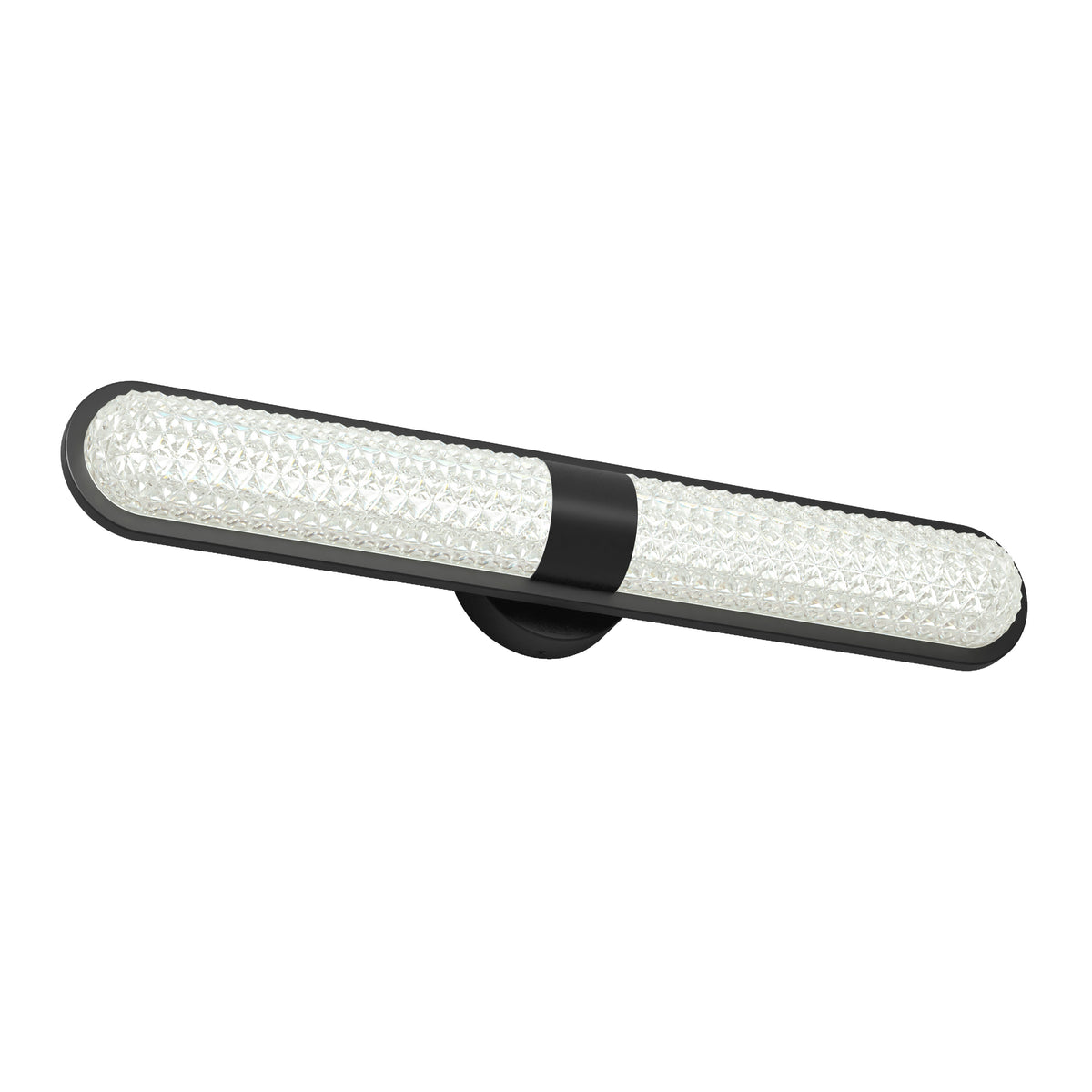 A modern, wall-mounted LED light fixture with a black central mount and two textured, cylindrical glass shades extending horizontally on both sides.