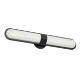 A modern, wall-mounted LED light fixture with a black central mount and two textured, cylindrical glass shades extending horizontally on both sides.