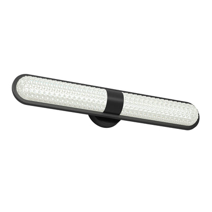 A modern, wall-mounted LED light fixture with a black central mount and two textured, cylindrical glass shades extending horizontally on both sides.