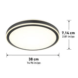 A round ceiling light with a black rim, measuring 38 cm (14.96 in) in diameter and 7.14 cm (2.81 in) in height. The light is shown from a slightly angled view.