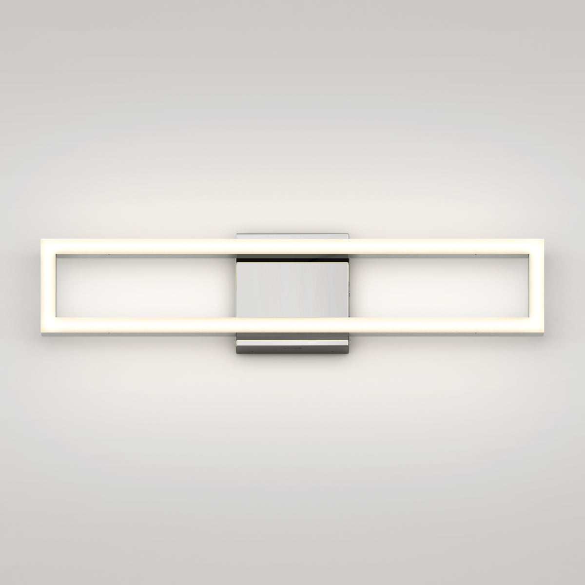 The Artika Dover modern LED bathroom vanity light 5 CCT is a sleek, rectangular fixture featuring a glowing white frame and central metallic base, perfect for mounting on any plain, light-colored wall.