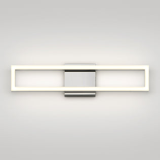 The Artika Dover modern LED bathroom vanity light 5 CCT is a sleek, rectangular fixture featuring a glowing white frame and central metallic base, perfect for mounting on any plain, light-colored wall.